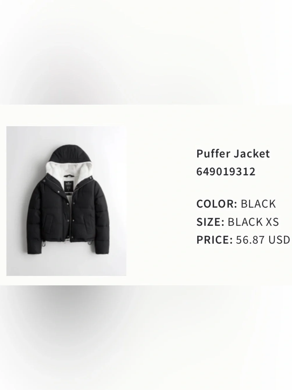 Hollister Black Puffer Jacket with White Faux-Fur Lining